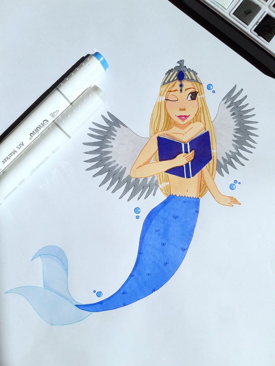 R0ween_'s tweet photo. 🤍💙🦅 RAVENCLAW 🦅💙🤍

Here is my mermaid for the week 3 of @gingermakesart and @yoharuart 's list 🧜🏽‍♀️ 

#hogwartsmermaids #ravenclawmermaid  #hogwartsmermay #mermay #mermaid #ravenclaw #traditionalart #ohuhu #alcoholmarkers #ohuhumarkers #harrypotter #drawing #hogwarts https://t.co/yAfUW6hlCJ