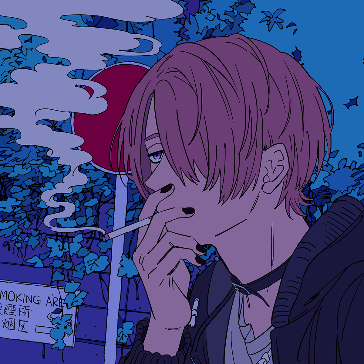 cigarette 1boy smoking male focus hair over one eye smoke solo  illustration images