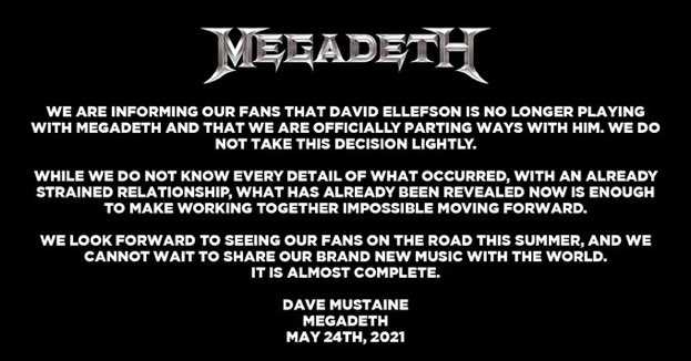 Megadeth, bas gitarist David Ellefson işe yollarını ayırdı.
