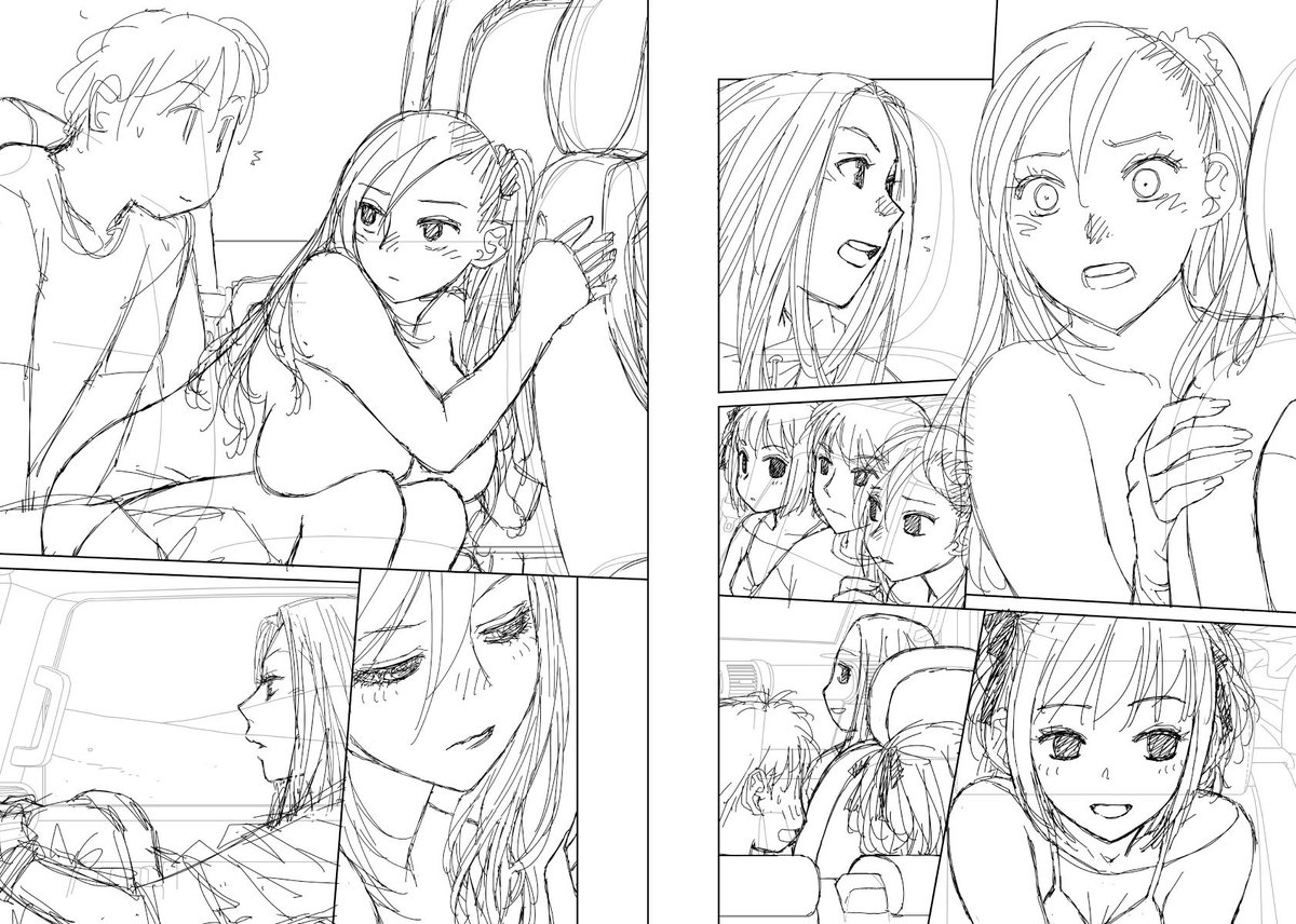 見開き単位で作業してた連載の下描き
台詞フキダシ擬音無しバージョン…51↓

2枚目の胸…ちょっと大き過ぎかなぁ〜
_φ( >Д<;) 