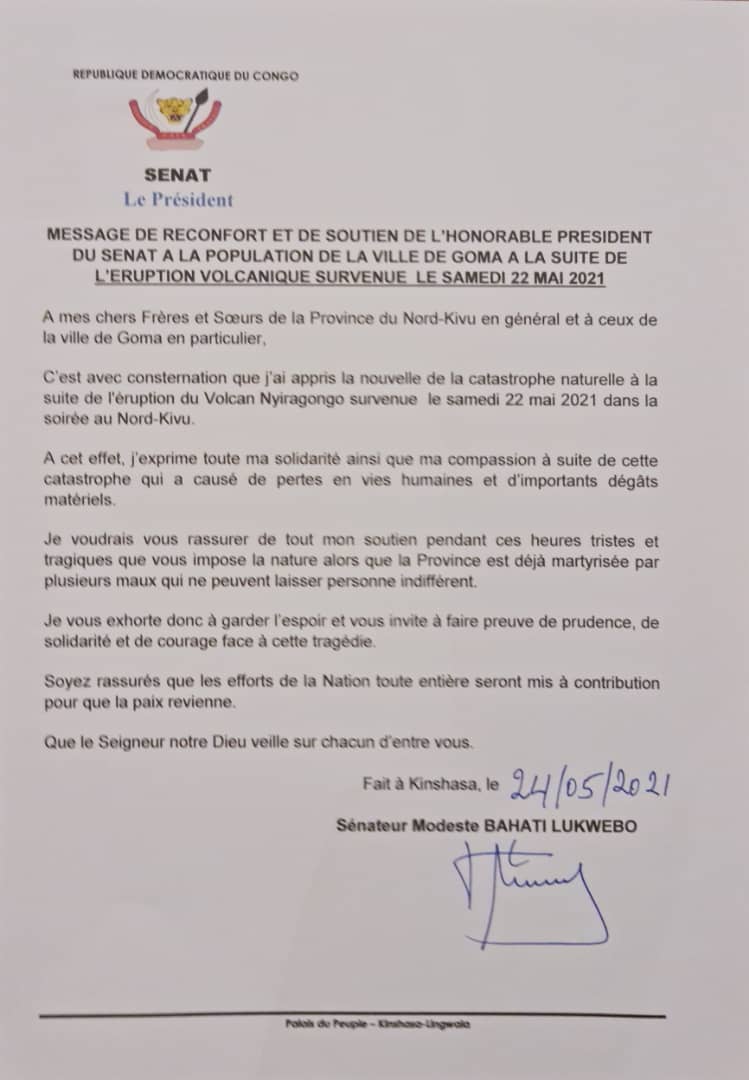 Notre compassion et notre secours à la population du Nord Kivu suite à l'éruption volcanique.