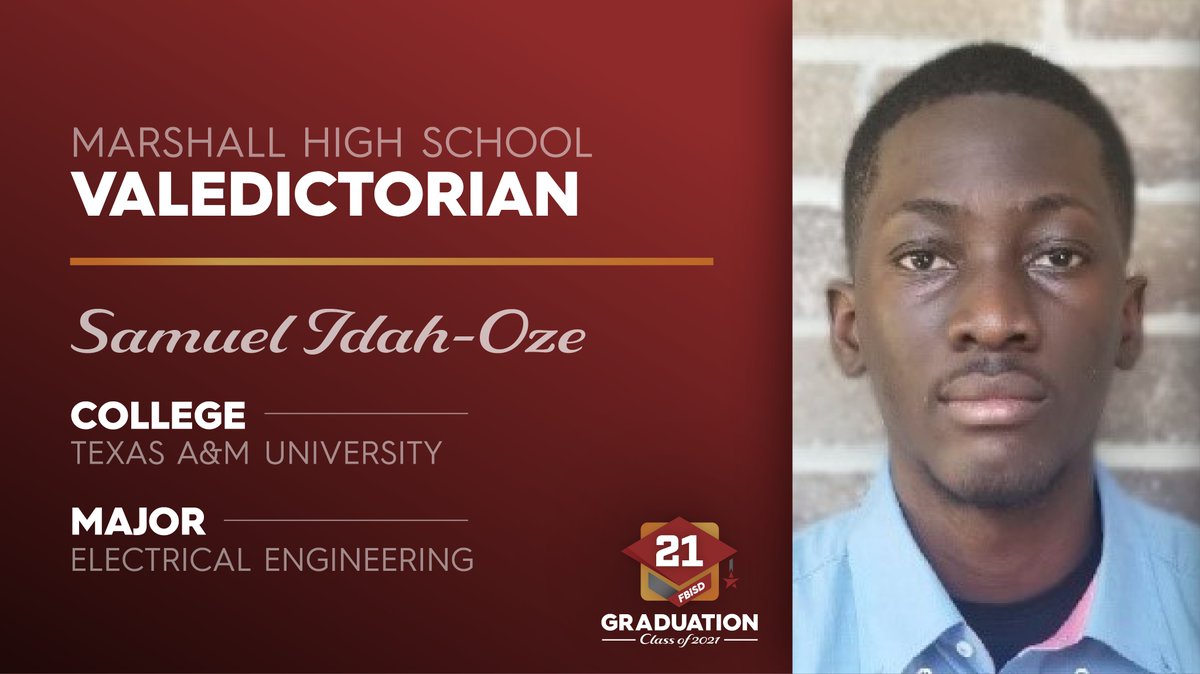 FortBendISD's tweet photo. Marshall High School's 2021 Valedictorian is Samuel Idah-Oze! Fun fact, Samuel is a fluent French speaker and was named a Posse Scholar, in addition to being selected as a finalist in the annual Houston Rodeo art competition in the graphic design category. Congratulations! https://t.co/femjSMu3b2