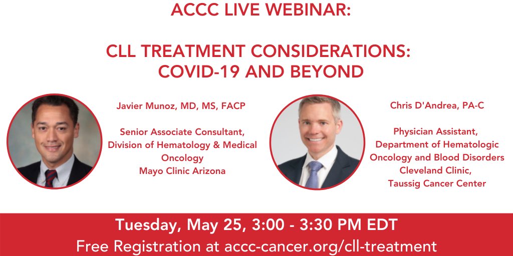 Catch <a href="/ClevelandClinic/">Cleveland Clinic</a>’s Chris D’Andrea, PA-C with Dr. Javier Munoz from Mayo Clinic Arizona on the impact of #COVID19 on #CLL treatment. May 25 at 3 PM EST 🗓 Register ➡️ courses.accc-cancer.org/products/cll-t…
#clecliniccancer