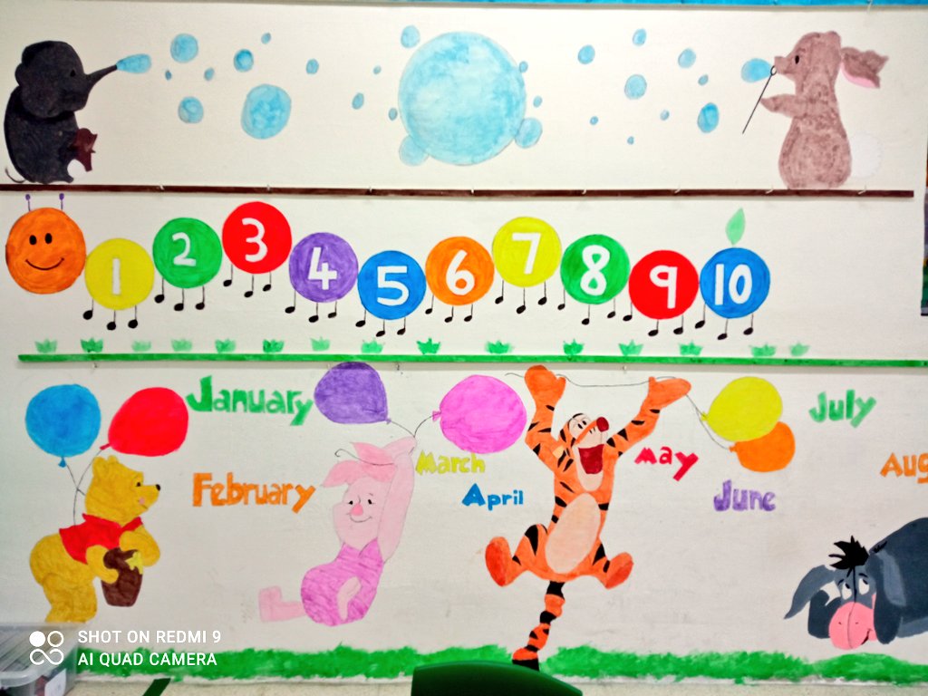 Nai130's tweet photo. Our wall painting done by me and my colleague so the kids would have a beautiful classrooms instead of a boring empty class.
#teachertwitter #Teachers #teacherlife #colours https://t.co/WNE5lQ9rH9
