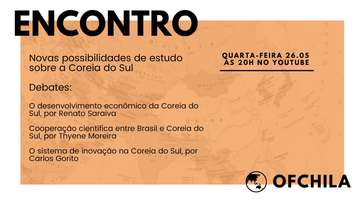 _ofchila's tweet photo. Nesta quarta (26), às 20h, a OfChiLA promove sua palestra de encerramento do semestre. Renato Saraiva, @ThyMoreira e Carlos Gorito debaterão sobre desenvolvimento econômico, cooperação tecnológica e sistema de inovação na Coreia do Sul! Assista aqui: https://t.co/qMcHgbbLUg https://t.co/hsITry8Jm7