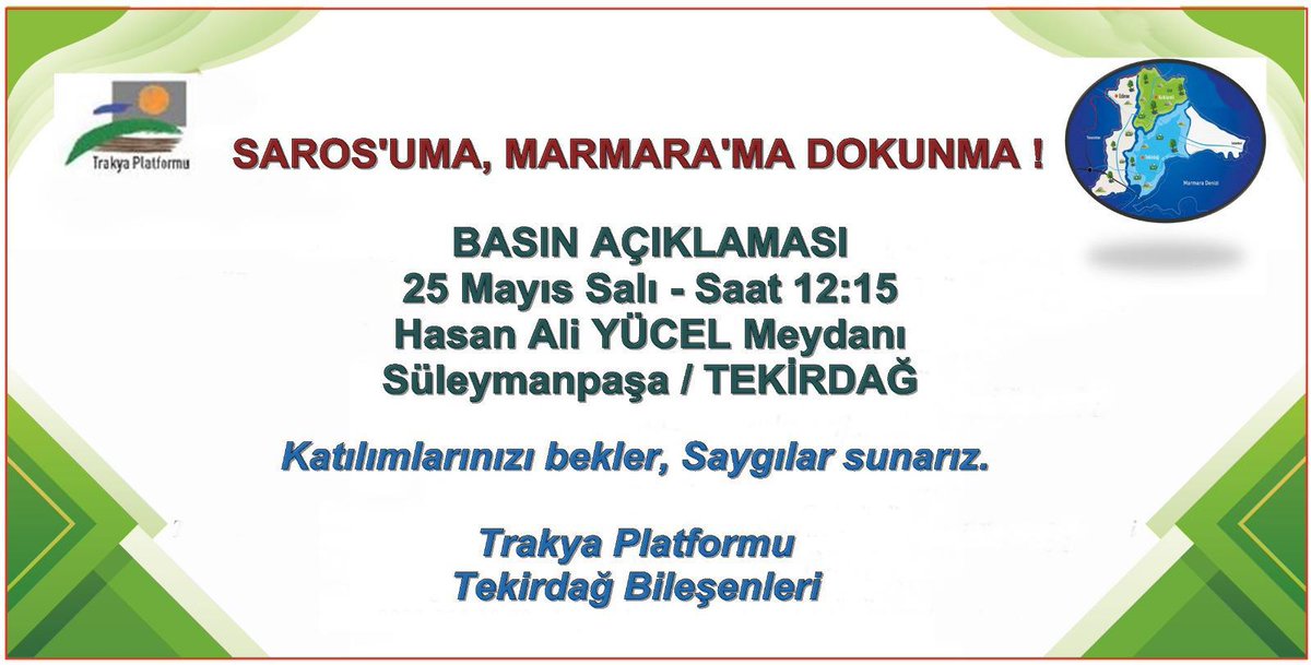 orknzkaya's tweet photo. Yarın Trakya'nın birçok yerinde Trakya Platformu "Saros'uma, Marmara'ma Dokunma demek için Edirne,Lüleburgaz ve Tekirdağ'da meydanlarda olacak! Çevremizi katlederek rant sağlayanlara ve doğayı talan etmeye çalışanlara karşı ses çıkartalım. #SarosumaDokunma
#savesaros https://t.co/zxMiWljhpg