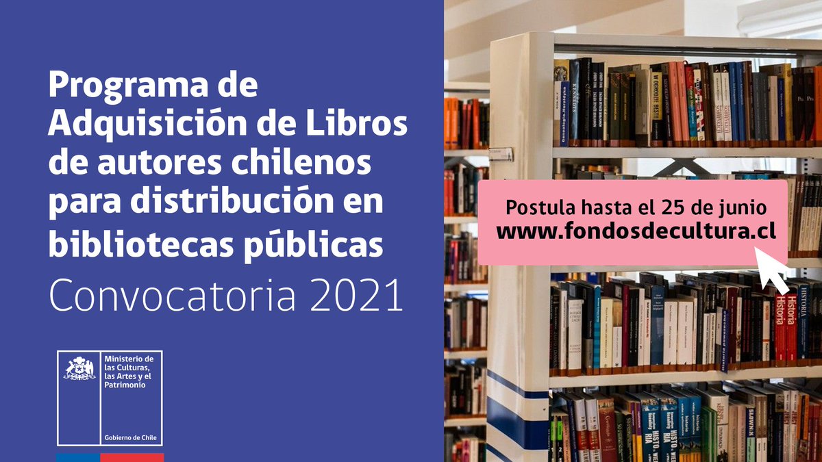 Si eres librero, editor, distribuidor, autor u otro profesional del libro, revisa las bases y postula tus obras publicadas en 2020 al programa de Adquisición de Libros para Bibliotecas Públicas, que permanecerá abierto hasta el 25 de junio. 

Bases en: bit.ly/3hPT3Bl