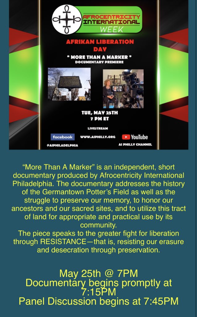 ai_philly's tweet photo. #AiWeek2021 #AiPhilly #ALD #AfrikanLiberationDay
“More Than A Marker” is an independent, short documentary produced by Afrocentricity International Philadelphia. The doc addresses the history of the Germantown Potter’s Field as well as the struggle to preserve our memory, https://t.co/W1bWdBp1HR