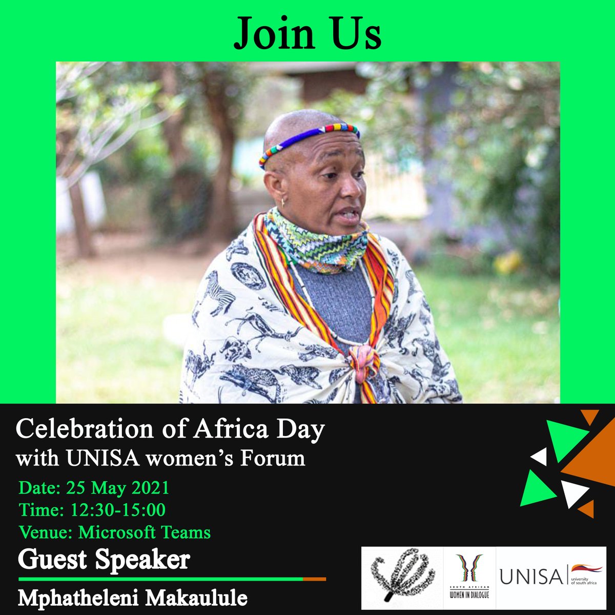 Dzomolamupo's tweet photo. Join us in celebrating on Africa Day through a woman's voice: UNISA Women Forum #EarthDay2021 #Kenako #RestoreOurEarth #UWF #savetheearth https://t.co/WEebaKB8kf