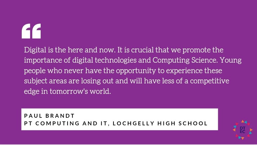 DTECharter's tweet image. We are delighted to welcome Paul Brandt @LochgellyHS @LHSComputing_ as our latest #DTECSignatory
The Digital Technology Education Charter is a national movement supporting Computing Science at schools in Scotland. Sign up at dtecharter.org