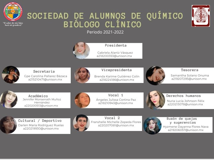 SAQBUnison's tweet photo. Nuestra nueva sociedad de alumnos de Químico Biólogo Clínico 2021-2022
#UNISON 
#SomosBuhosVolamosAlto
#QuimicoBiologoClinico https://t.co/2cEHFnzx75