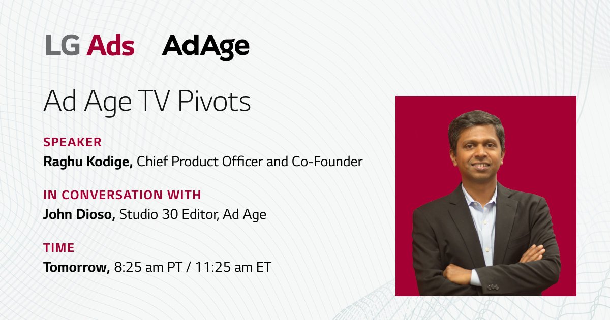 LG_Ad_Solutions's tweet image. Join us at @adage's TV Pivot tomorrow, as we discuss opportunities for addressable as part of the media mix and how brands can engage audiences across CTV.

#CTV #AudienceEngagement #MediaMix #AdAge