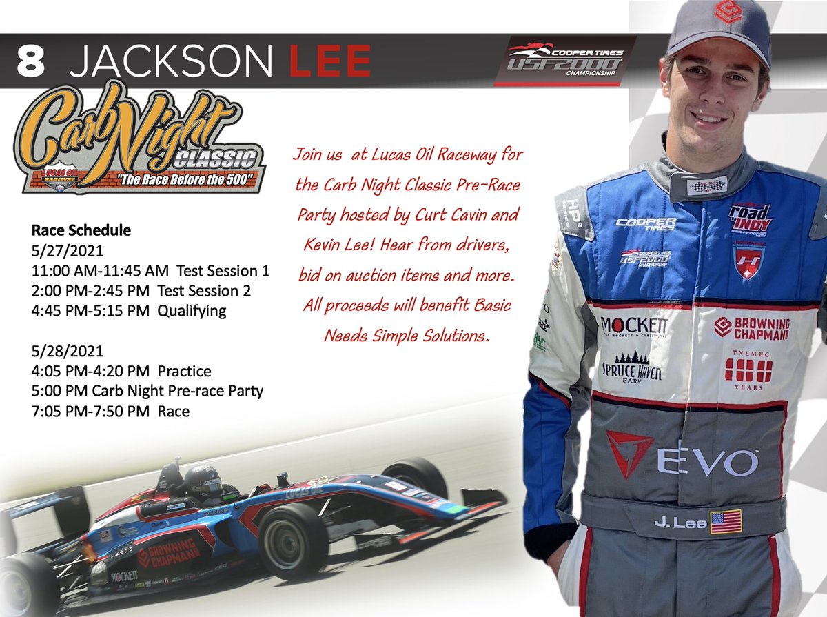 JacksonLee52's tweet photo. It’s Race Week! Yes, the #Indy500 but also my 1st oval other than in quarter midgets. Friday @LucasOilRaceway &amp; join us for the Carb Night Pre-Race Party. Link for $5 off tickets to 4 races with @USF2000 @IndyPro2000 @USACNation https://t.co/EAzA1vMiZJ #RoadToIndy #TeamCooperTire https://t.co/Vjxb8GoK00