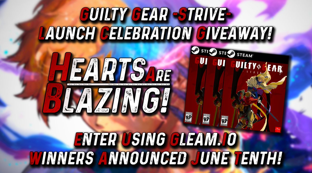 ChayBenji's tweet photo. Celebrating the upcoming #GGST release, Hearts are Blazing are looking to give back to the community by 
giving away three Steam copies of the game!

The winners will be announced June 10th, 7PM UTC+1!

To enter, complete the tasks available below! ⇩
https://t.co/ZM2sRNG8V1 ⇦ https://t.co/Rgtwcp7wJf
