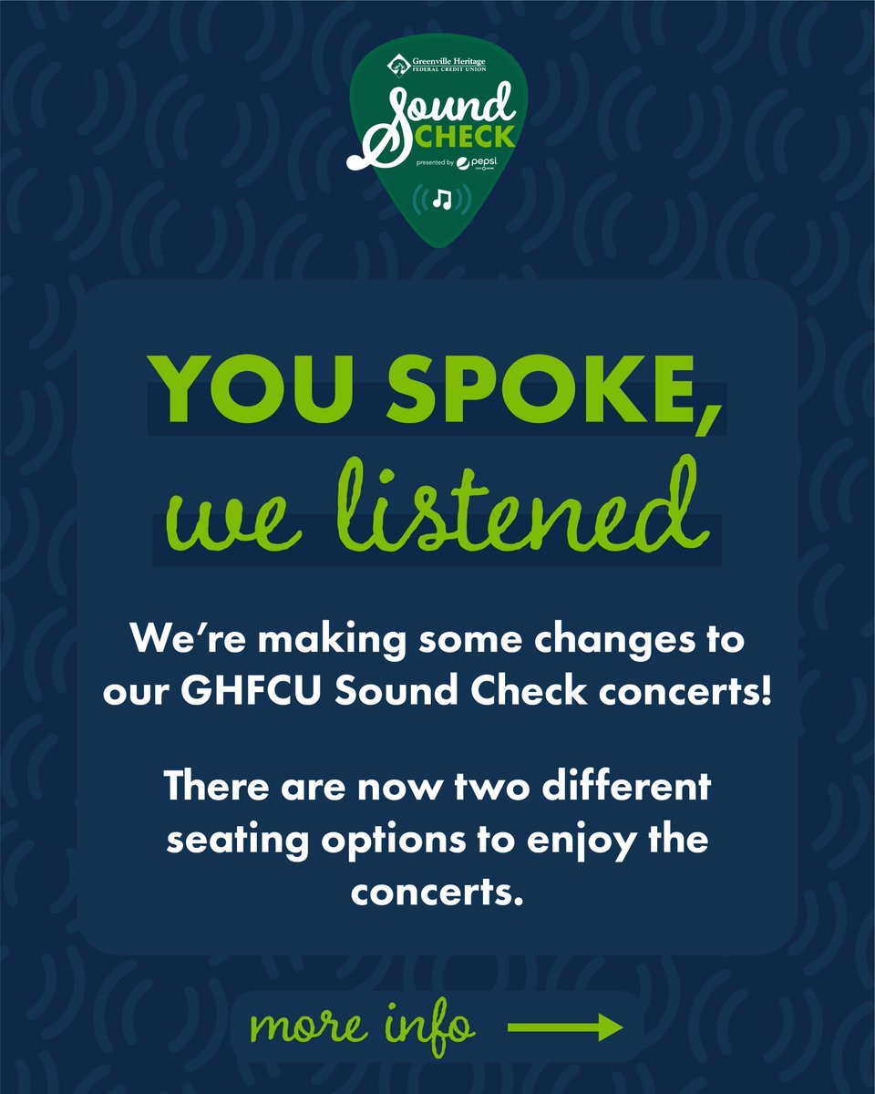 gvilleevents's tweet photo. 🗣 You spoke, we listened! 👂 We’re making some changes to our GHFCU Sound Check concerts. Swipe ➡️ to learn more about our two different seating options to enjoy the concerts.
#gvillesoundcheck #gvilleevents #whatsgoingonGVL https://t.co/BJ7m2mhTjH