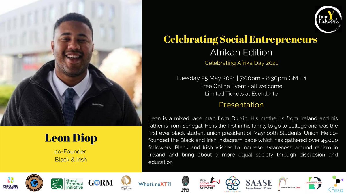SEIPIreland's tweet photo. We can’t wait to listen to @DiopLeon, co-founder of @Black_andIrish, at the @YourYNetwork1 event on tomorrow!
You can sign up for the event with the link here: https://t.co/NevkypWfan
#YourY #Black #Irish #SocialEnterprise https://t.co/ke7lMD9047