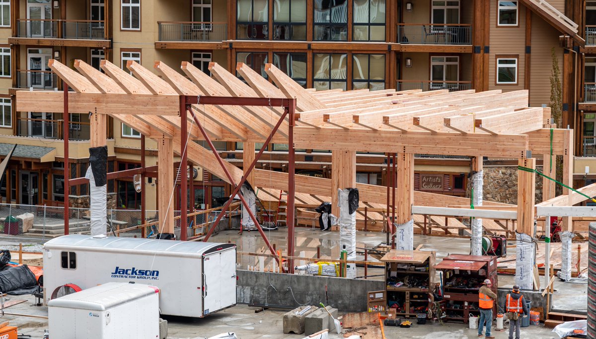 Even with the wet weather today, Humbird is taking shape in the village thanks to the crew from Jackson Contractor Group! 
Those beautiful sloped beams are one of the highlights of our new restaurant, Crow's Bench. We anticipate Humbird being completed in time for this winter!