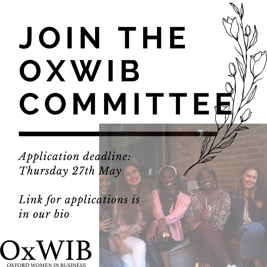 *** OxWIB Michaelmas Committee Applications ***
Application open on Thursday, the 27th of May.
Deadline: SUNDAY 6TH OF JUNE, 23:59. 

For a more detailed description of roles, please see the following document:
lnkd.in/g37bNq9
