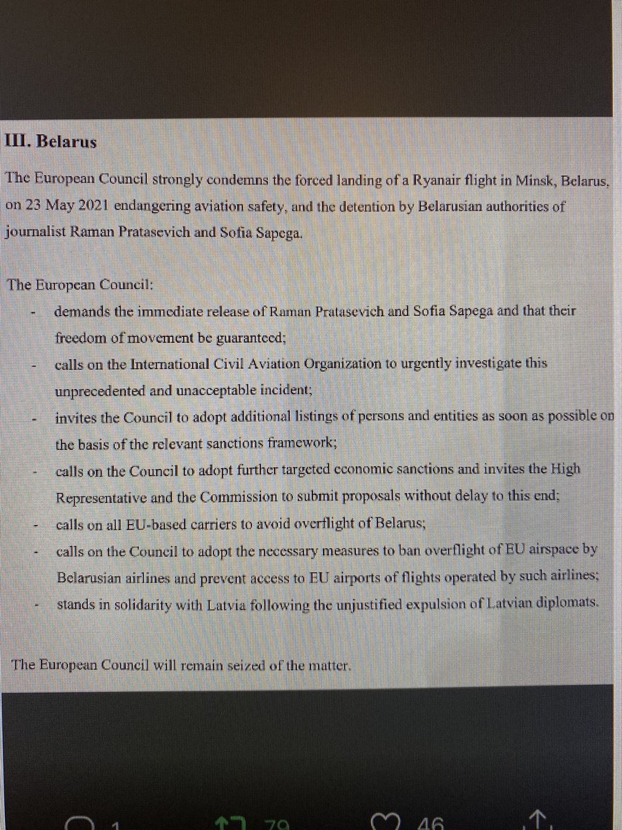 Erklärung der 27 Staats-u Regchefs zu Belarus:

-Protasevich u Sapega sofort freilassen

-Außenminister sollen Vorschläge f neue Sanktionen machen

-alle EU-Fluggesellschaften sollen belarus. Luftraum meiden

-Belavia soll keine EU-Flughäfen anfliegen dürfen