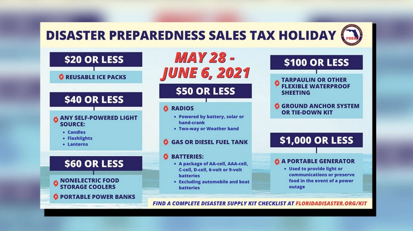 ClayCounty_EM's tweet photo. The 2021 Disaster Preparedness Sales Tax Holiday will begin this Friday, May 28, and continue until Sunday, June 6. Get everything you need to keep you and your family safe during a hurricane.
#AlertClay #HurricaneReady https://t.co/71Wkw8O5wf