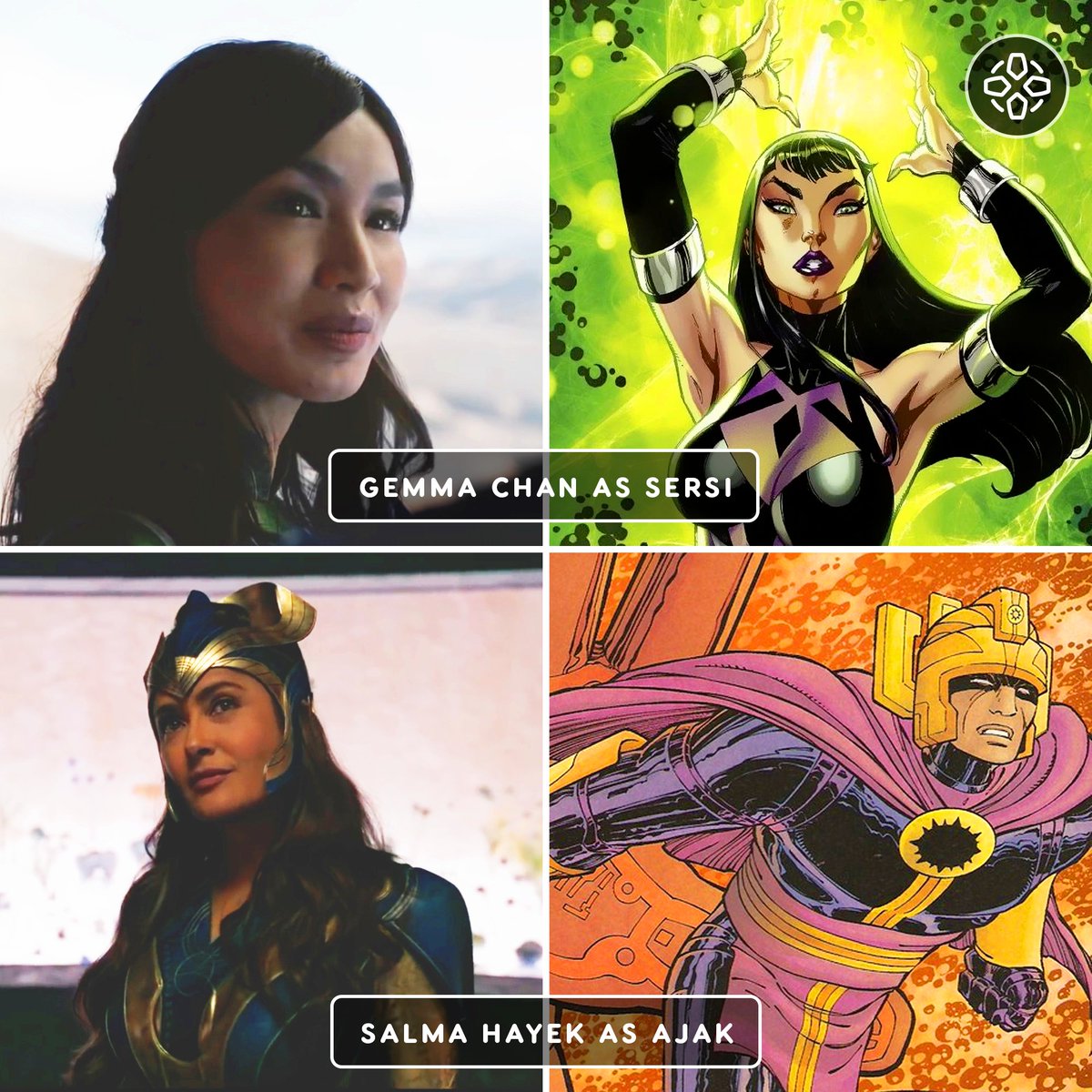 IGN's tweet photo. From Angelina Jolie's Thena to Gemma Chan's Sersi, here's who everyone is playing in Marvel's Eternals. (1/2) https://t.co/URRrZAQn0O