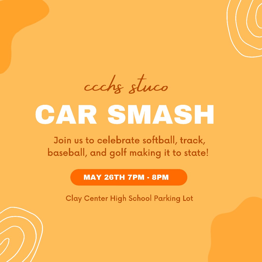 ClayCenterStuco's tweet image. STUCO is so excited to announce that there will be a car smash this WEDNESDAY! Good luck to all of our athletes headed to state.