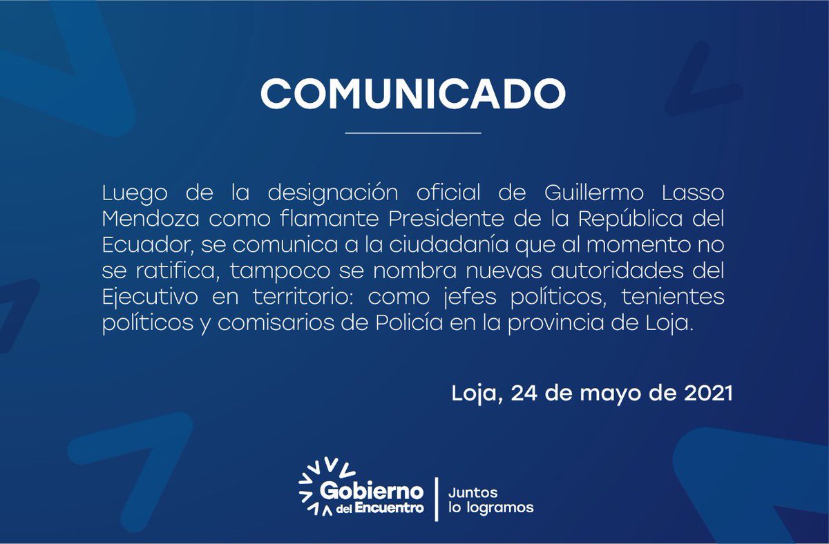 IMPORTANTE 🇪🇨 Comunicamos lo siguiente a la ciudadanía. 👇

#JuntosLoLogramos
#GobiernoDelEncuentro