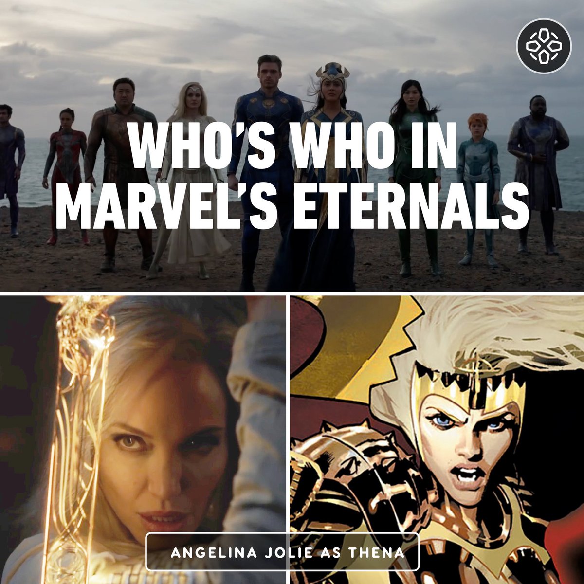 IGN's tweet photo. From Angelina Jolie's Thena to Gemma Chan's Sersi, here's who everyone is playing in Marvel's Eternals. (1/2) https://t.co/URRrZAQn0O
