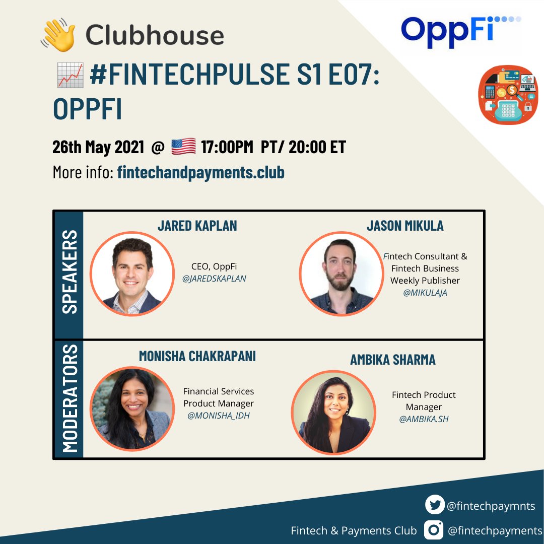 FintechPaymnts's tweet image. Join Monisha Chakrapani and Ambika Sharma as they host the CEO of @OppLoansBlog , Jared Kaplan, and a celebrated financial reporter, @mikulaja , on episode 7 of 📈 #FintechPulse to discuss the fintech for the underbanked space in the USA 🇺🇸 
Wednesday 26th May @ 17:00 PT/20:00 ET