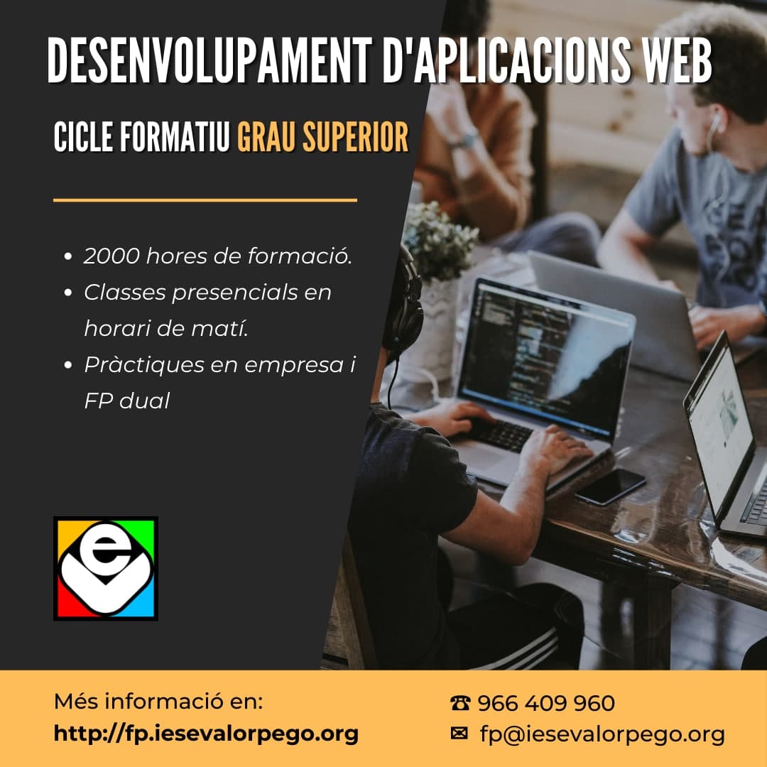 Ja s'ha obert el termini de presentació de sol·licituds per a cursar cicles formatius (FP) el curs vinent.

Al nostre centre impartim:

- Informàtica d'Oficina (FPB)
- Sistemes Microinformàtics i Xarxes (GM)
- Desenvolupalment d'Aplicacions Web (GS)

Per telematricula.es