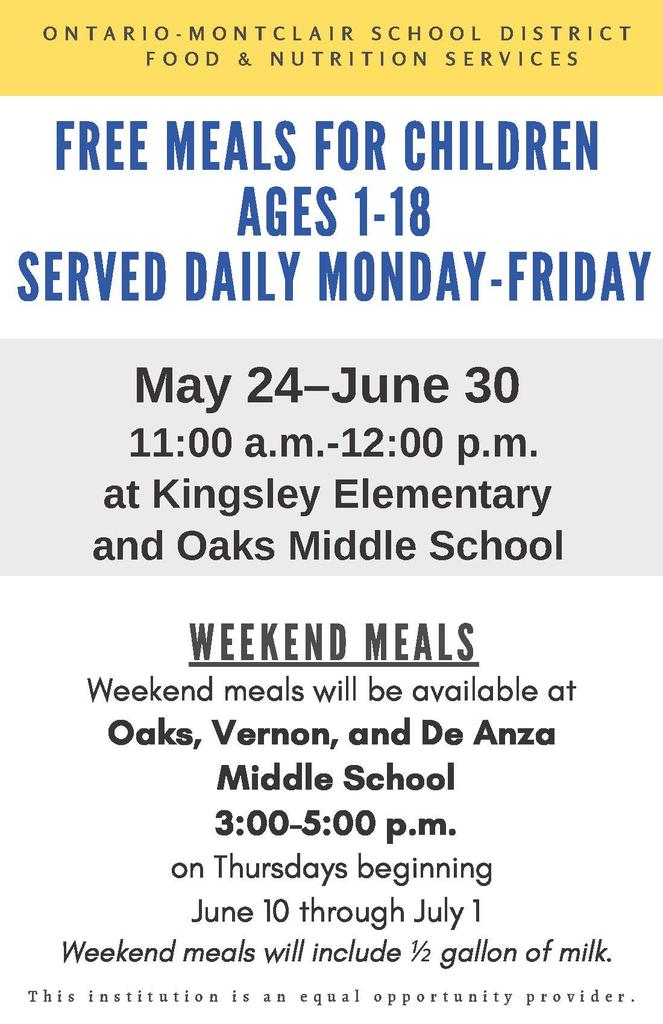 San Bernardino EFNEP (@ucanrefnepsb) on Twitter photo Here are the summer meal flyers for the Ontario-Montclair School District. They are starting on Monday, May 24th serving lunch, and on Thursday June 10th weekend meals (Thursdays). For questions, contact Ramanjit at Ramanjit.Sibia@omsd.net Please, feel free to share! Here are the summer meal flyers for the Ontario-Montclair School District. They are starting on Monday, May 24th serving lunch, and on Thursday June 10th weekend meals (Thursdays). For questions, contact Ramanjit at Ramanjit.Sibia@omsd.net Please, feel free to share!