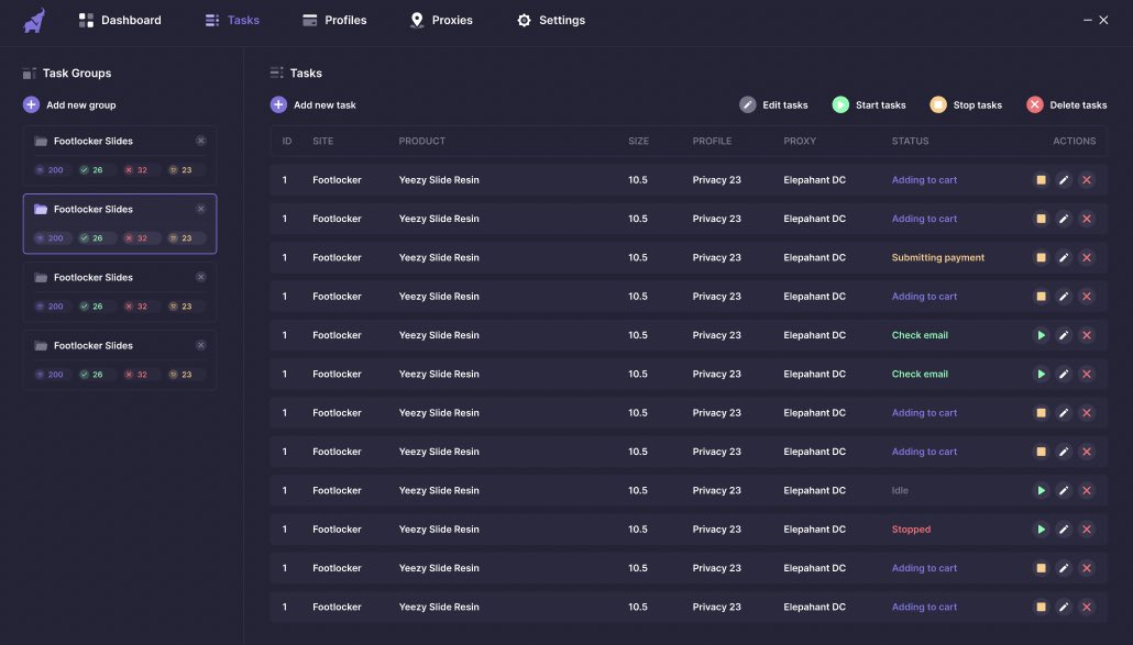 ElephantAIO_'s tweet image. 1027 checkouts. Sites: DSG, FNL, JD. 30 users. 3 weeks. 

We are migrating off our temporary GUI to the one pictured below this week, thanks to our friends for letting us borrow it (And some runners)!

Do you want a key? Turn on notifications + RT 

5x Keys up for grabs! 🐘