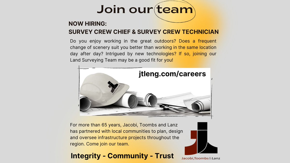 JTL JOBS | We are looking for a Survey Crew Chief and a Survey Crew Technician. Come join our team! Click here for the full job posting and more on how to apply: jtleng.com/careers. #JTLengineering @GLIchamber <a href="/kyengineers/">KSPE</a> <a href="/ASCETweets/">ASCE Headquarters</a> <a href="/NSPE/">NSPE HQ</a> <a href="/indeed/">Indeed</a>