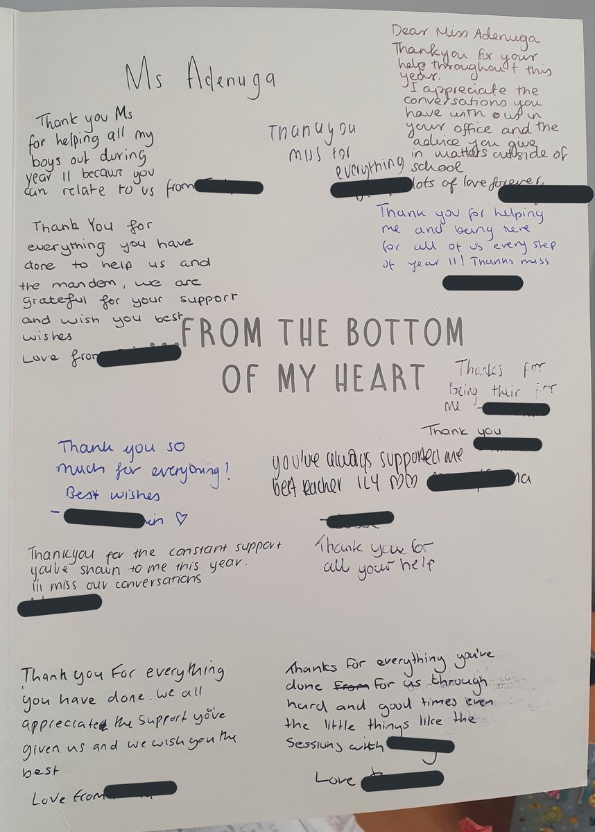 A group of year 11 students with the biggest personalities (often deemed as challenging) got me a card with heartfelt messages of gratitude. I don't even teach them but offer support within my SLT role. This got me 😥#edutwitter #education #10percentbraver #RepresentationMatters