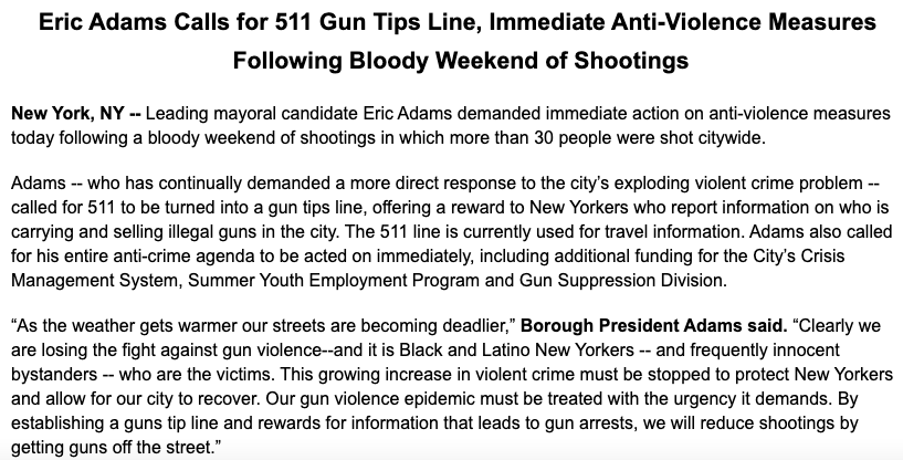 ericadamsfornyc's tweet photo. We are losing the fight against gun violence.

That's why today, I'm calling for 511 to be turned into a gun tips line -- offering a reward to New Yorkers who report information on who is carrying &amp; selling illegal guns -- as part of my comprehensive anti-crime agenda. https://t.co/qjyrKMHuIV