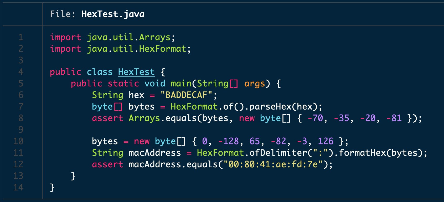 Gunnar Morling 🌍 on Twitter: "A very sweet API addition that's coming with @java 17: java.util.HexFormat. No any longer for custom implementations, or pulling in JAXB's DatatypeConverter. Nice 🎉! https://t.co/7tX8UUmmGt https://t.co/seKO8361a8" /
