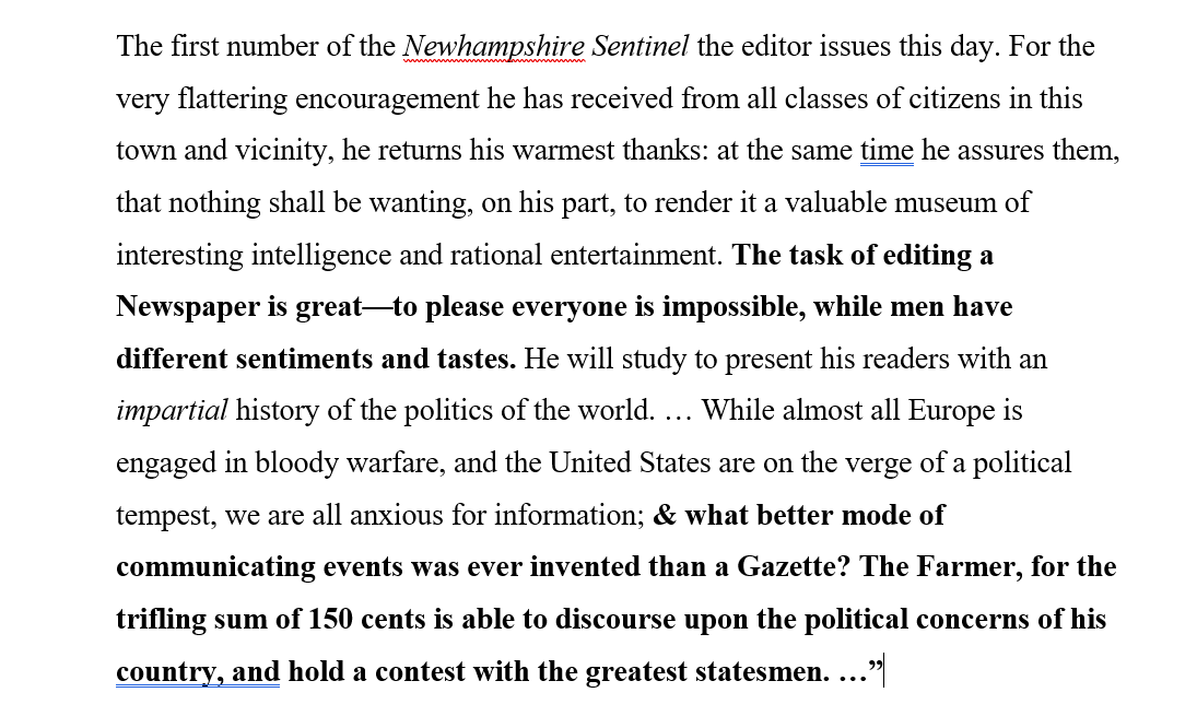 paulcunobooth's tweet photo. Editor's note from the @Keene_Sentinel's very first issue in 1799. This kinda nails it. https://t.co/e2AzD7GxPl