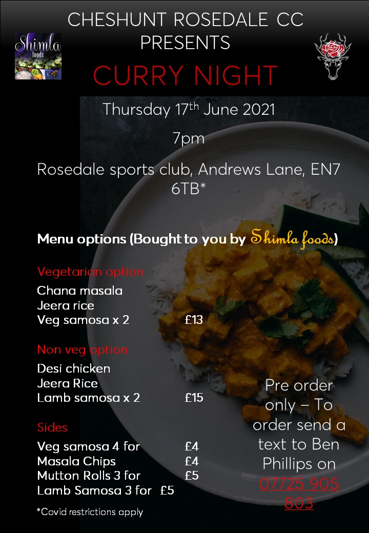Players, families and friends all welcome. Come along and support your local club...oh and the food by Shimla Foods is to die for.

#currynight #curry #spicy #chesdale #ROSE