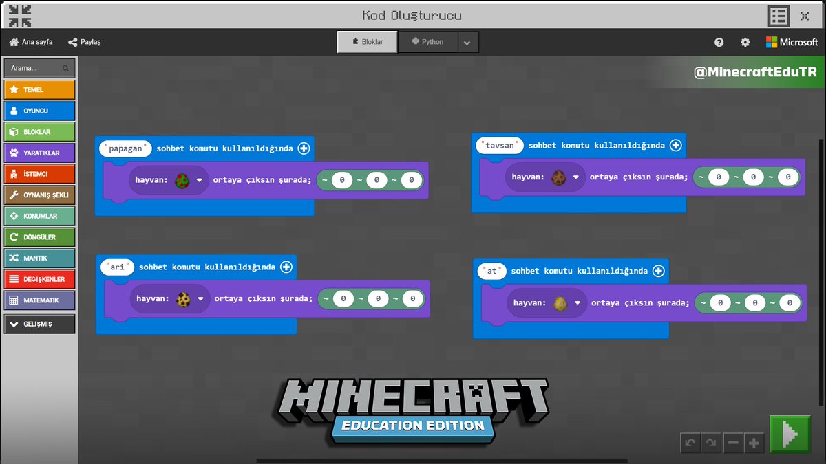 minecraftedutr's tweet photo. 🎁#MinecraftEDU'da #MakeCode ipucu: 

⌨️💭Sohbet sayfasına "at" yazdığınızda dünyanızda bir 🐴atın ortaya çıkması sizce nasıl olurdu?

Peki sözcüğünüz 🐦bir papağan, 🐝bir arı ya da 🐰bir tavşan olsaydı?��

#MinecraftEduTR #PlayCraftLearn #MIEExpert #MicrosoftEDU #MicrosoftTR https://t.co/KxxInXG1iw
