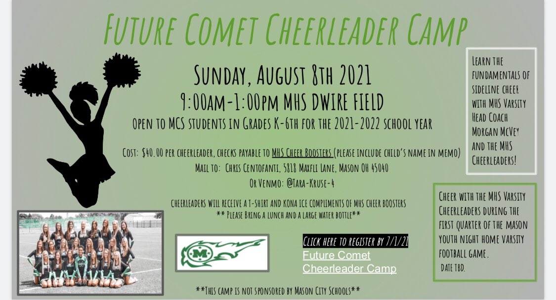 CheerMHSComets's tweet photo. We welcome ALL Mason Students k-6 to our FIRST EVER, Future Comet Cheerleader Clinic! Sunday, August 8th. Learn from our very own MHS cheerleaders and even cheer with them at a game! Link in bio to register! {link to register in tweet below} https://t.co/wQVOaltzuG