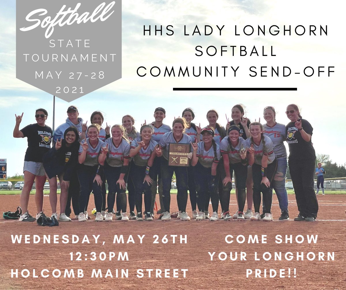 Let’s send these ladies off with some Longhorn Love from the Holcomb Community!! Join us Wednesday and line Main Street to cheer them on as they head to Manhattan for the program’s FIRST Softball State Tournament appearance! #makinghistory #family #LonghornVIP