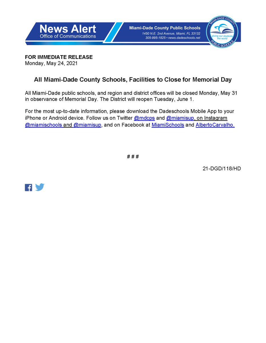 All <a href="/MDCPS/">Miami-Dade Schools</a> Schools, Facilities to Close for #MemorialDay. 
news.dadeschools.net/cmnc/new/31001