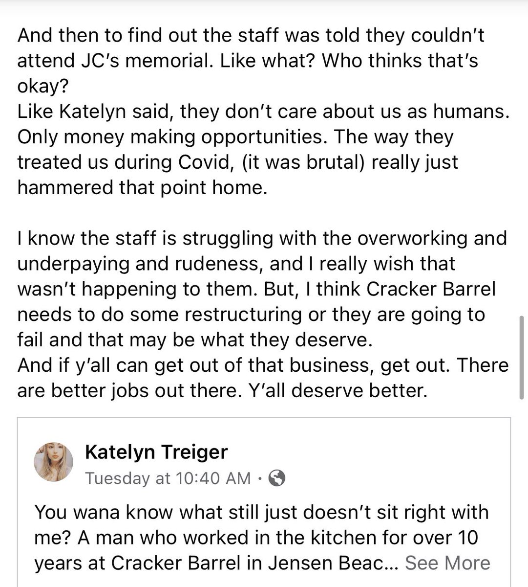 TinaRanee's tweet photo. A post on something that happened during my time at @CrackerBarrel. It’s gaining some attention on Facebook, so I thought I’d share it on Twitter as well. 
#CrackerBarrel. https://t.co/UoyzVMgllU
