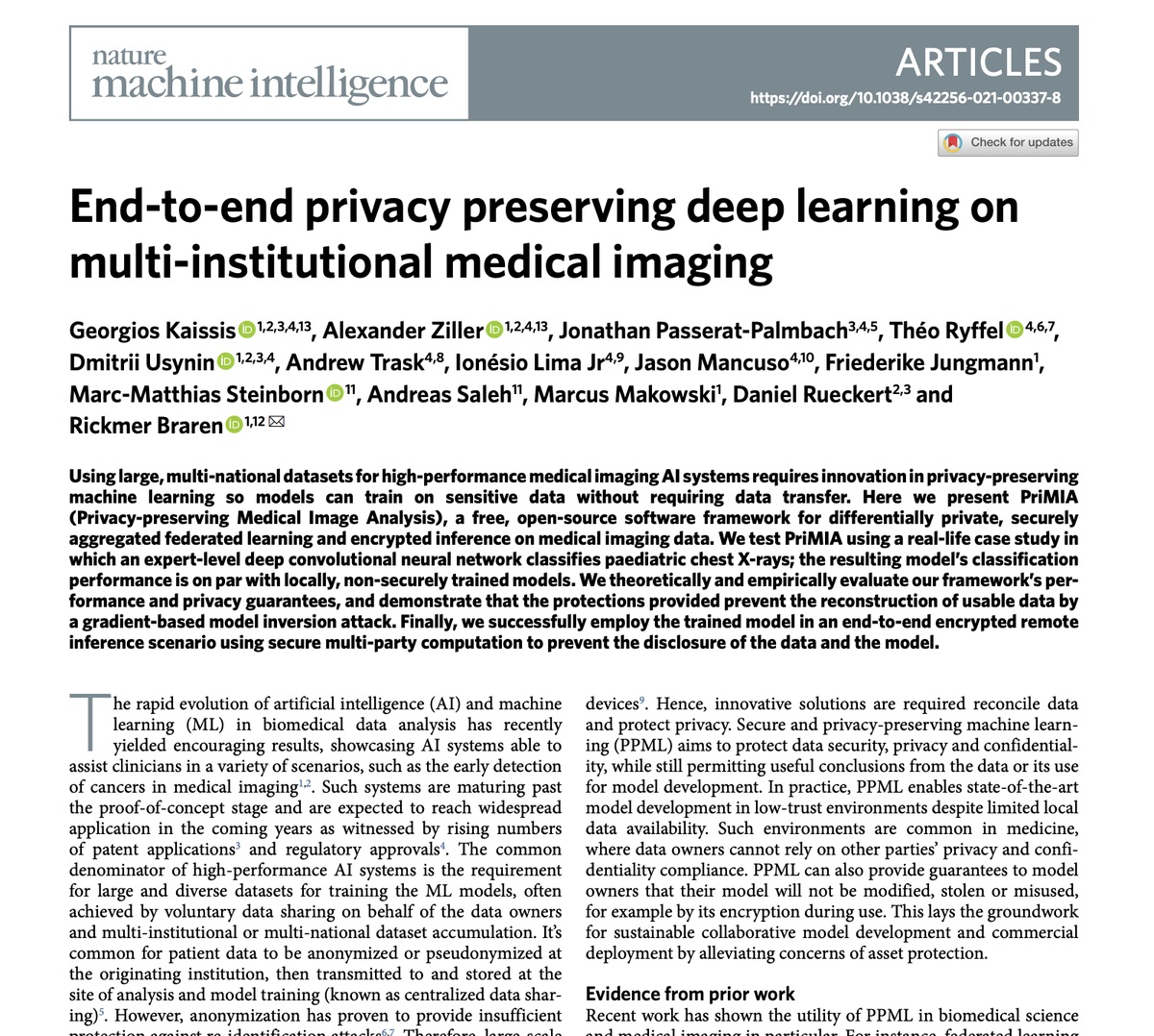 openminedorg's tweet photo. #PriMIA with PySyft/PyGrid in @Nature Machine Intelligence!!!
Hugely proud of all of the @openminedorg members who contributed to this work!
TLDR: Deep Learning + Differential Privacy + SMPC SecAgg & Inference across data from several hospitals
Paper: https://t.co/SKRRA5CNJA https://t.co/1rl47eJbA4