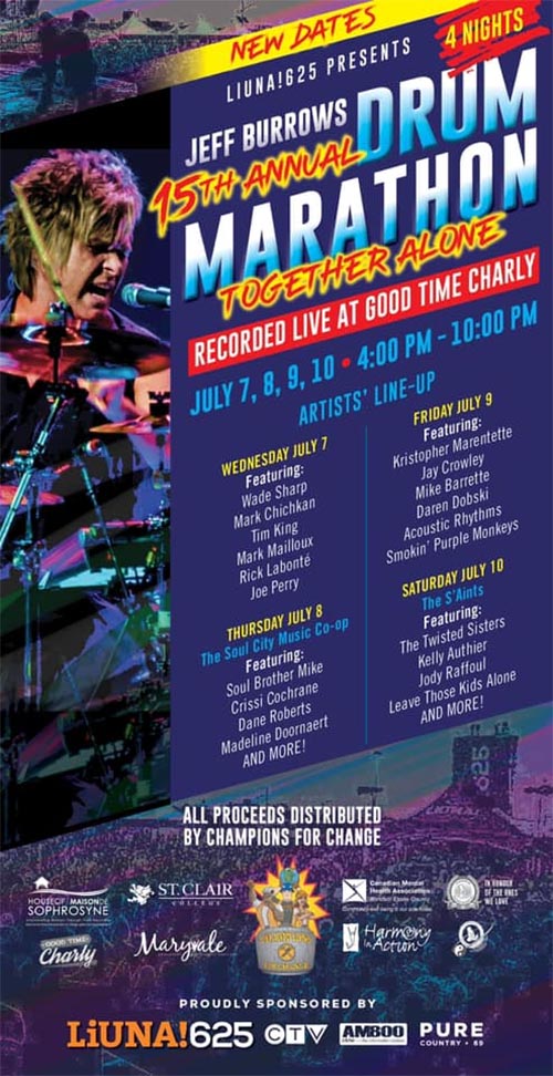 EyesOnWindsor's tweet photo. Reminder: Jeff Burrows Drum Marathon, originally scheduled to start Wed. May 26, has been rescheduled to July 7 to 10. It will stream on the @blueswindsor Youtube channel, donations can be made though Facebook #YQG #JeffBurrows #DrumMarathon @Burrowsdrums https://t.co/Pk6pDGhs1V https://t.co/bV9fVXxBw4