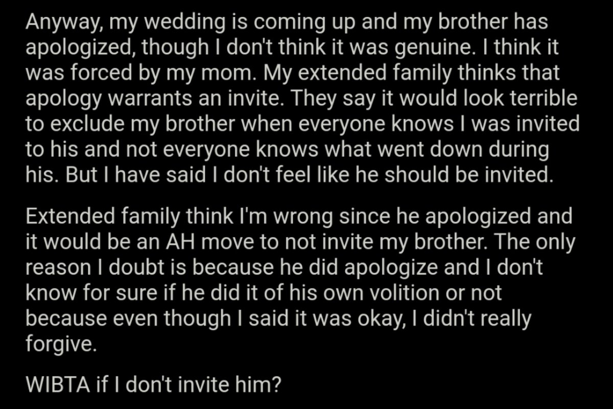 WIBTA if I don't invite my brother to my wedding? https://t.co/OD0xsKfrxd, image size:1200x800