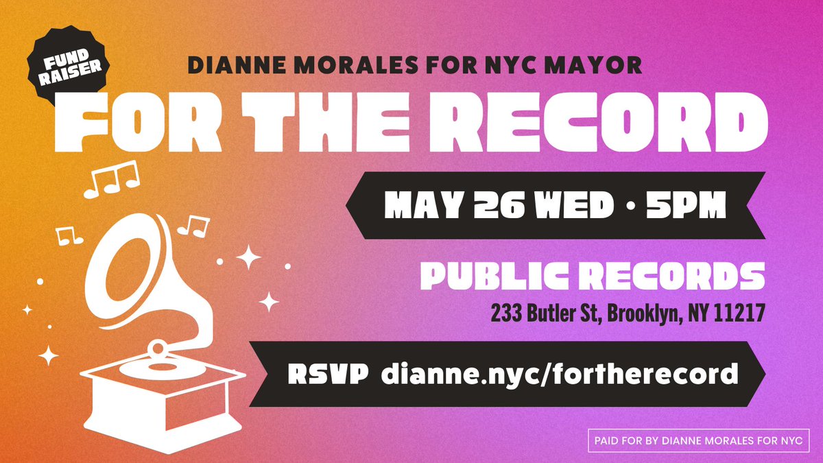 💸 <a href="/Dianne4NYC/">Dianne Morales</a> Fundraiser alert!

This will be an extra fun one, featuring:
🎶music
🥨food
🍹drinks
💃🏽dancing
All at BK's beautiful Public Records! Put your attendance on the record — get tix for Wednesday's event here: dianne.nyc/fortherecord
