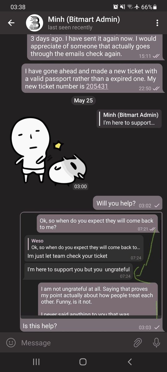 WesleyTan1's tweet photo. @BitMartExchange @vancatsperm Listen, i urge you not to use this platform. I really dont care about the high withdrawal fee, but when it comes to admins and support you will find yourself in a #cryptoprison . There are people daring back for a month with problems and still not resolved. #adminlove https://t.co/xHWivXFKfN