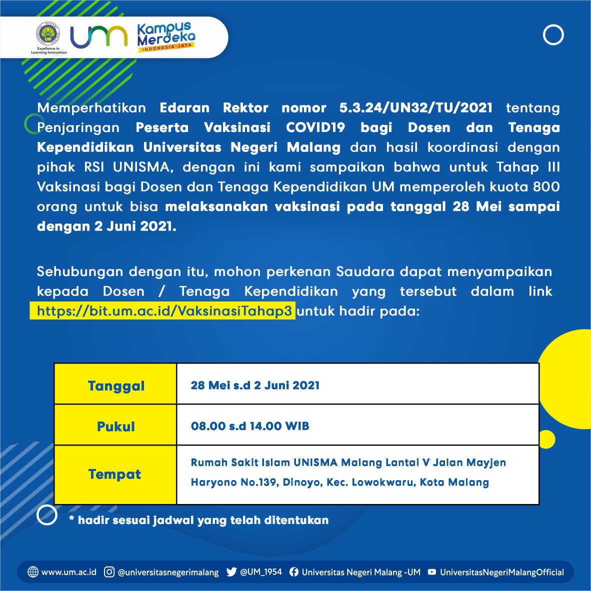 Universitas Negeri Malang Um On Twitter Infoum Sehubungan Dengan Vaksinasi Covid 19 Bagi Dosen Dan Tenaga Kependidikan Universitas Negeri Malang Tahap Iii Maka Bagi Dosen Dan Tenaga Kependidikan Um Universitas Negeri Malang Um On Twitter Infoum Sehubungan Dengan Vaksinasi Covid 19 Bagi Dosen Dan Tenaga Kependidikan Universitas Negeri Malang Tahap Iii Maka Bagi Dosen Dan Tenaga Kependidikan Um
