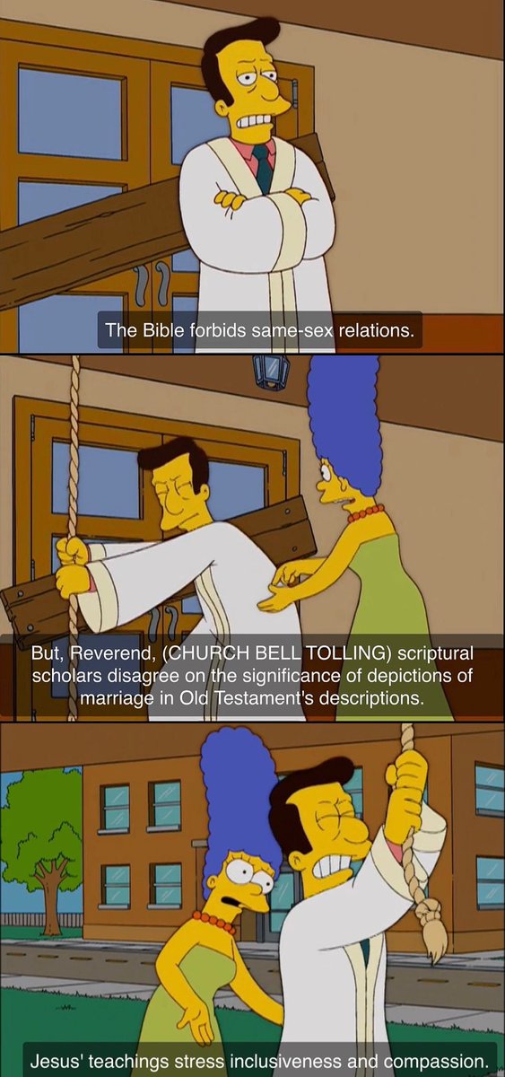 - 실례합니다, 목사님. 두 사람이 서로 사랑하는 한, 둘이 같은 후후를 갖고 있든 하하를 갖고 있든 하느님은 상관하지 않으실 것 같은데요.

성경은 동성 관계를 금지합니다.

- 하지만 목사님, 성서학자들은 구약성경의 결혼의 의미에 대해 동의하지 않아요. 예수님은 포용과 연민을 가르치셨어요.